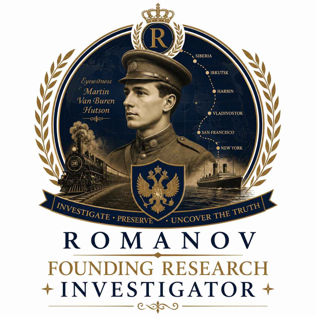 A stylized emblem featuring a young man in a military uniform with a cap, a background of a map and a cruise ship, a vintage train, and a shield with an eagle and crown. Text includes the words "Romanov," "Founding Research Investigator," and a banner with the words "Investigate, Preserve, Uncover the Truth." There is a list of Russian cities and regions on a curved line connecting to a ship, and the top of the emblem has a crown with the letter "R."