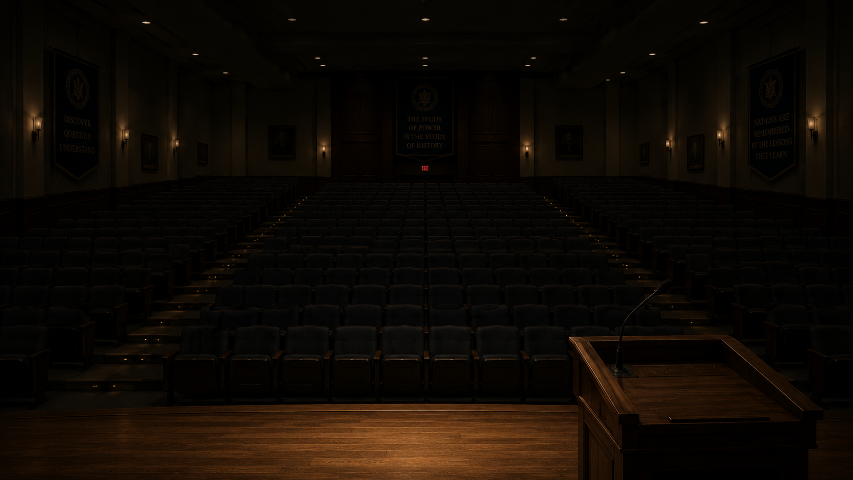 Empty lecture hall or auditorium with rows of black seats, a wooden stage with a podium and microphone, dim lighting, and banners with quotes on the walls.