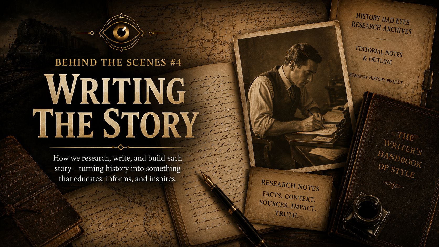 A vintage scene with old books, handwritten notes, a fountain pen, and a sepia-toned photograph of a man writing at a desk. The background includes research materials and a train, with the text 'Behind the Scenes #4 Writing the Story' and subtitle about research, writing, and building stories.