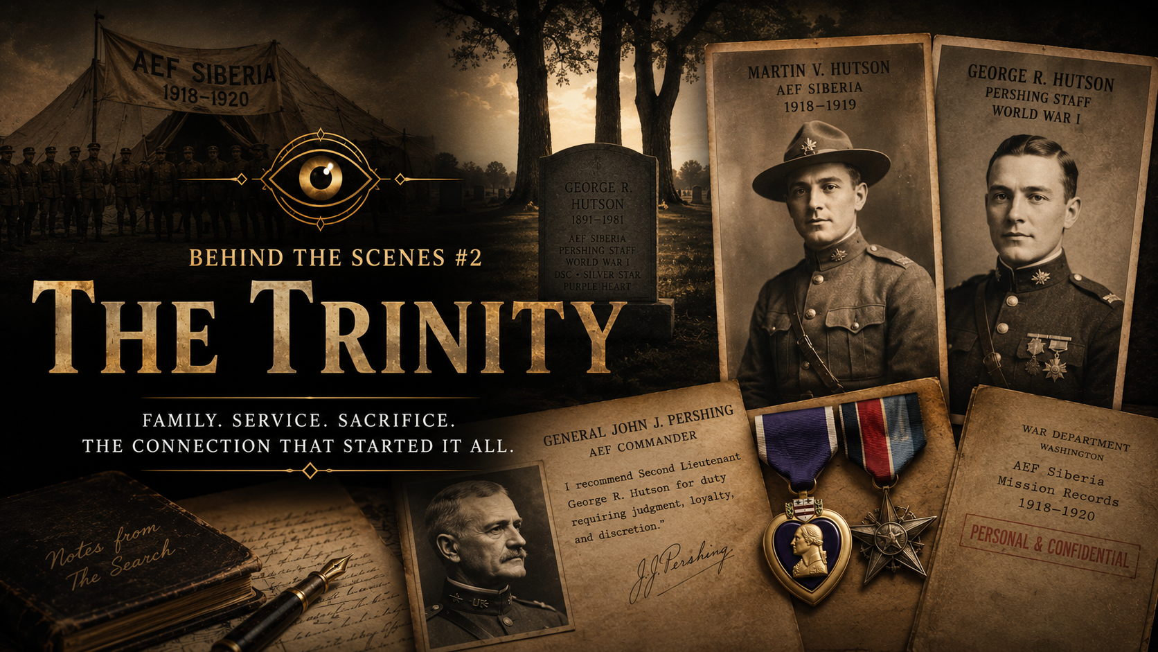 Historical military memorial display with photographs, medals, documents, and a tent labeled "AEF Siberia 1918-1920." It features two vintage portraits of soldiers in uniform, a stone with engraved information about George R. Hutson, and various memorabilia, emphasizing themes of family, service, and sacrifice.