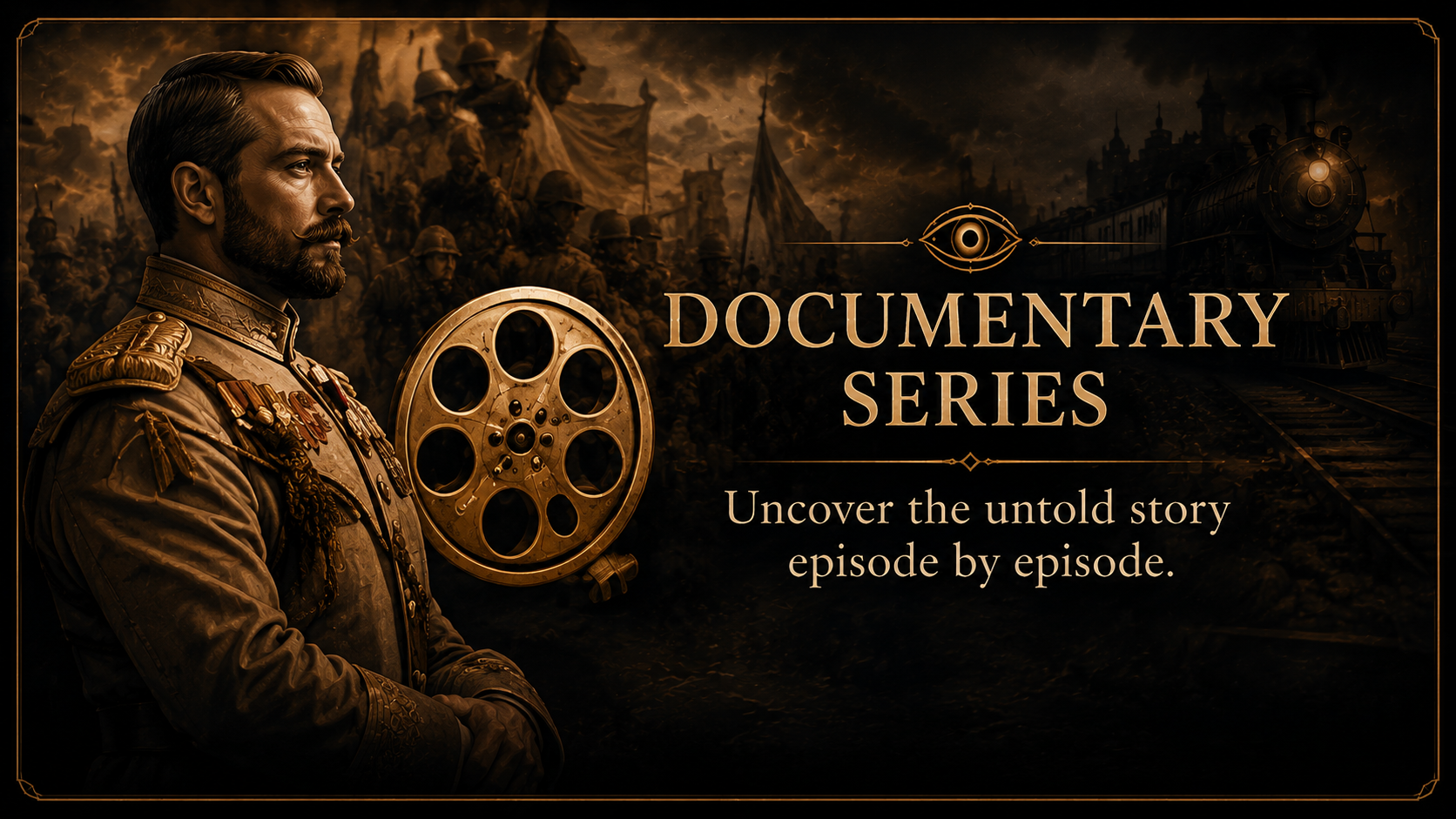 Promotional image for a documentary series featuring a man in a military uniform with medals, holding a film reel. The background depicts soldiers, a train, and a dark, stormy sky, conveying a historical or wartime theme.