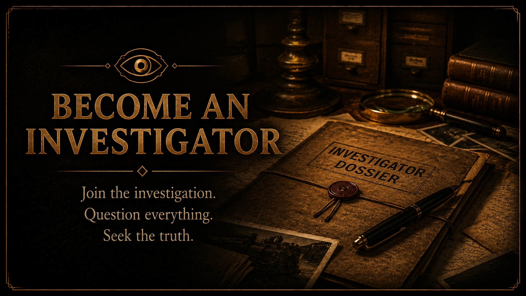 A dark vintage desk scene with an investigation dossier, a pen, a magnifying glass, old books, photographs, and a brass candlestick, promoting becoming an investigator.