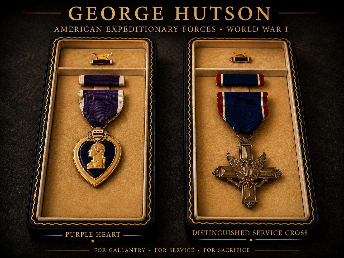 Display of two medals awarded to George Hutson from World War I. The left medal is purple with a gold heart-shaped and portrait medallion, labeled 'Purple Heart' for gallantry. The right medal is a bronze cross with wings and an eagle, labeled 'Distinguished Service Cross' for service and sacrifice.