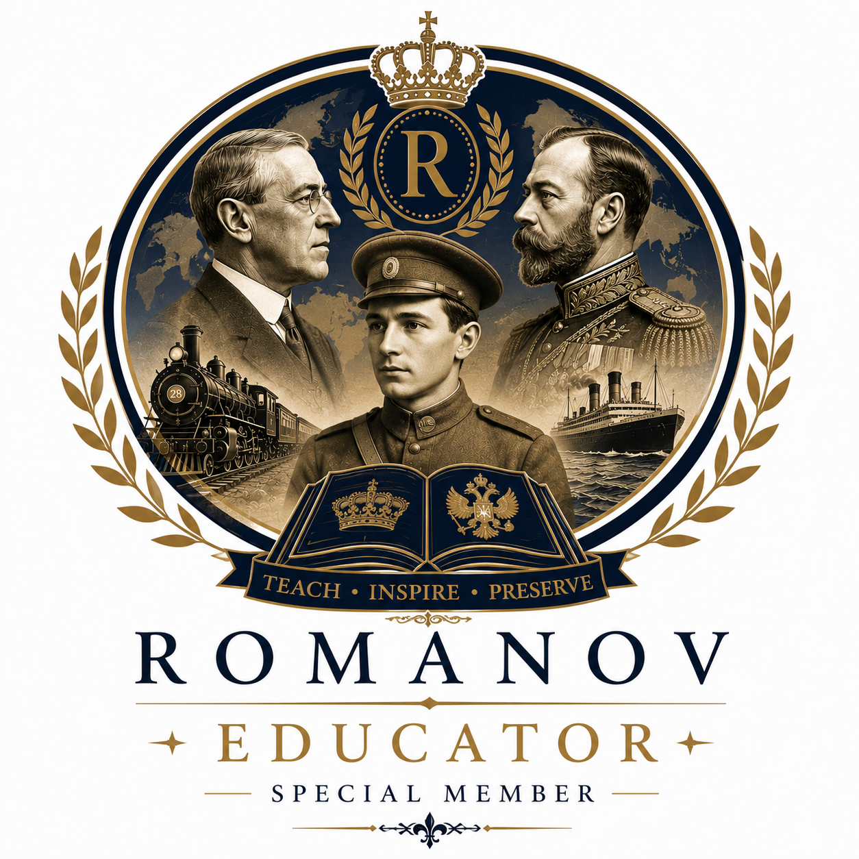 A graphic with three men in historical military uniforms, a train, and a ship, surrounded by laurel leaves and a crown. It features the text 'Teach, Inspire, Preserve,' and 'Romanov Educator, Special Member.'