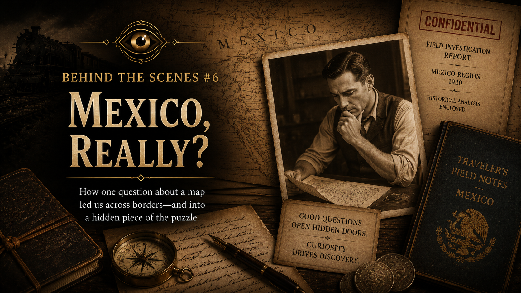 Historical investigation scene with a man reading a map, books, a compass, coins, and a confidential report about Mexico, suggesting a mystery or research theme.