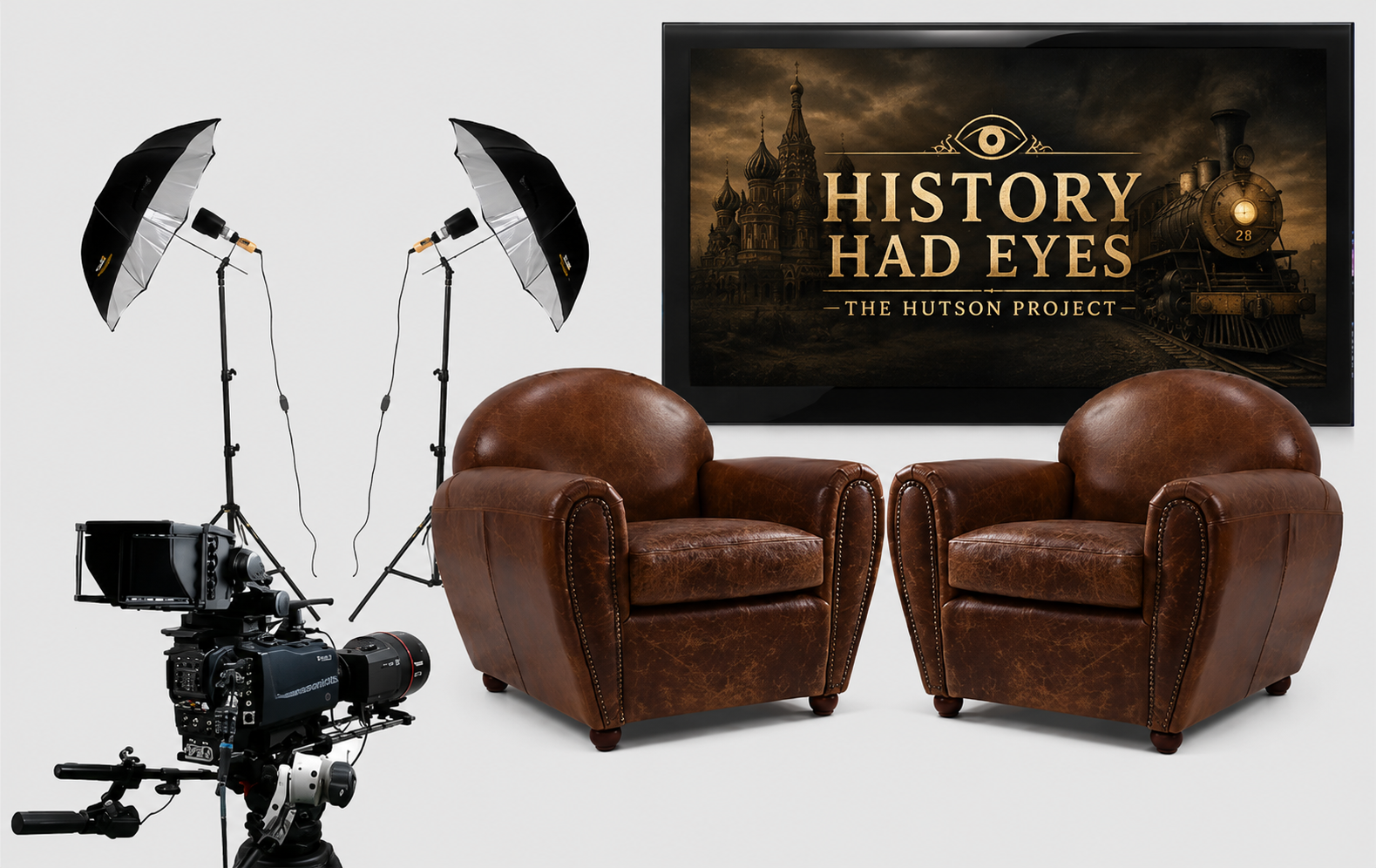 A filming setup with two brown leather armchairs, a professional movie camera, two umbrella lights, and a large screen displaying the title "History Had Eyes" for "The Hutson Project" with a vintage train and historic building background.