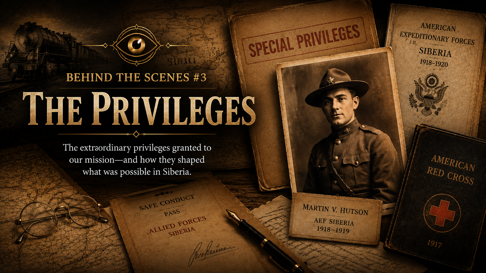 Historical photograph featuring a young soldier in uniform, vintage documents, photographs, and objects related to Siberian military missions and privileges.