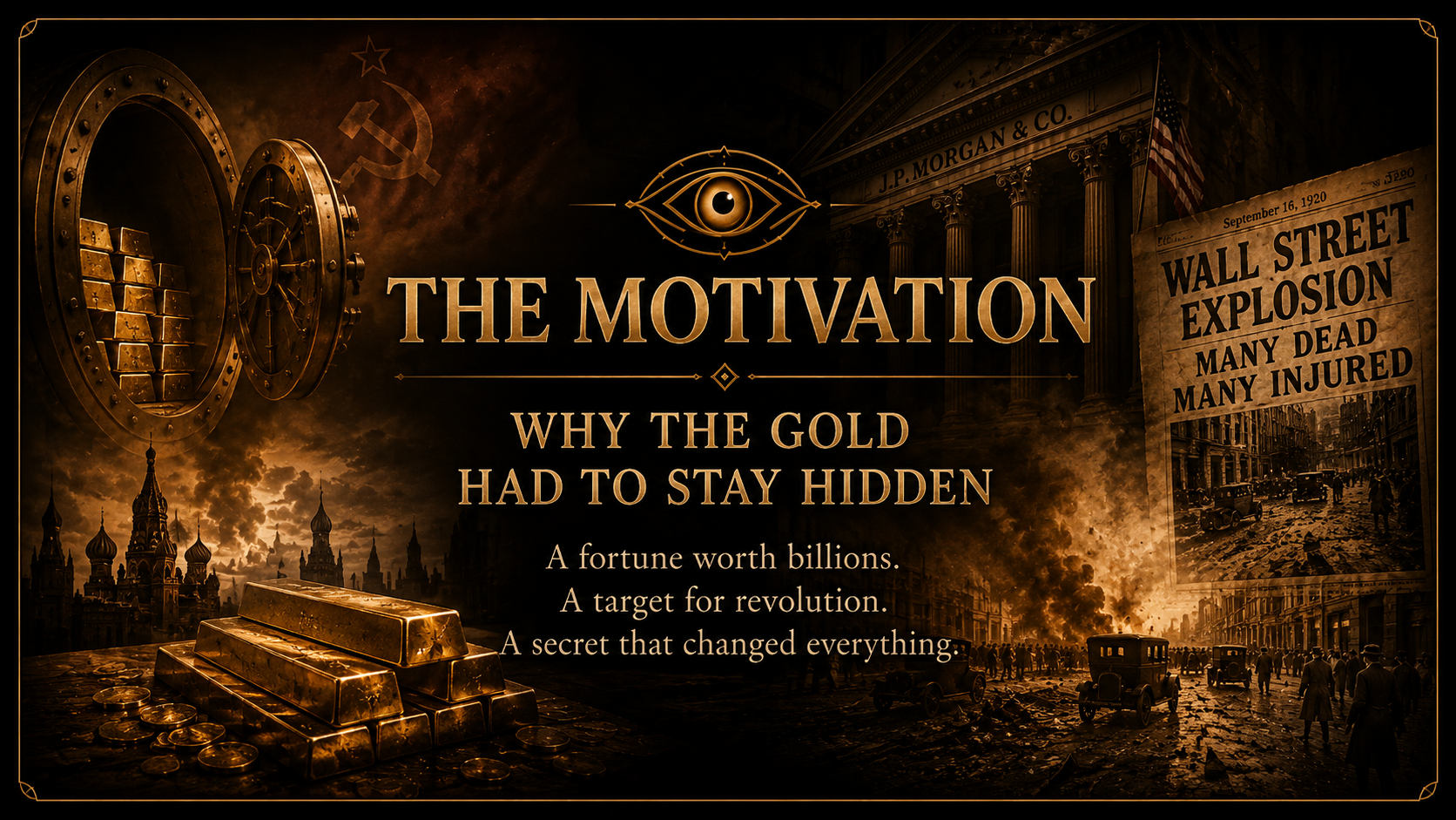 A digital graphic with a dark, smoky background features gold bullion, gold coins, a vault door, a large eye symbol, and historic city streets. The text reads 'The Motivation: Why the Gold Had to Stay Hidden,' and mentions a fortune, revolution, and a secret.