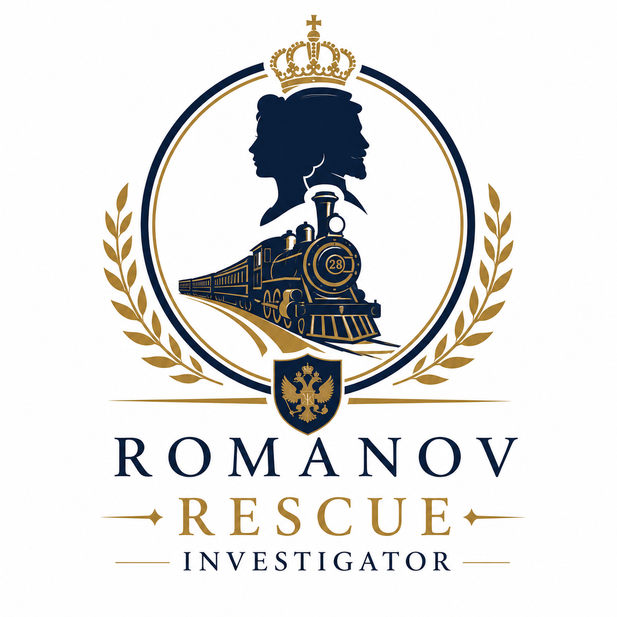 Logo for Romanov Rescue Investigator featuring a football train, silhouettes of a woman and man, a crown, laurel leaves, and a shield with a double-headed eagle.