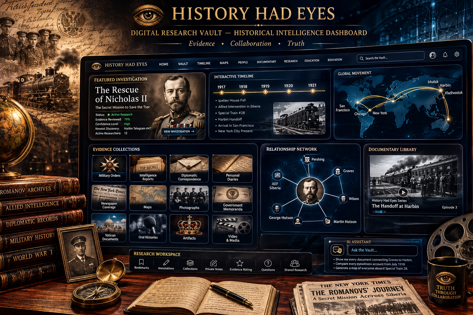 A digital research dashboard titled 'History Had Eyes' displaying investigation details into Nicholas II's rescue mission, with sections for evidence collections, an interactive timeline, global movement map, relationship network, documentary library, and research workspace. Background features historical photographs, a globe, books, and a vintage photo of a soldier.