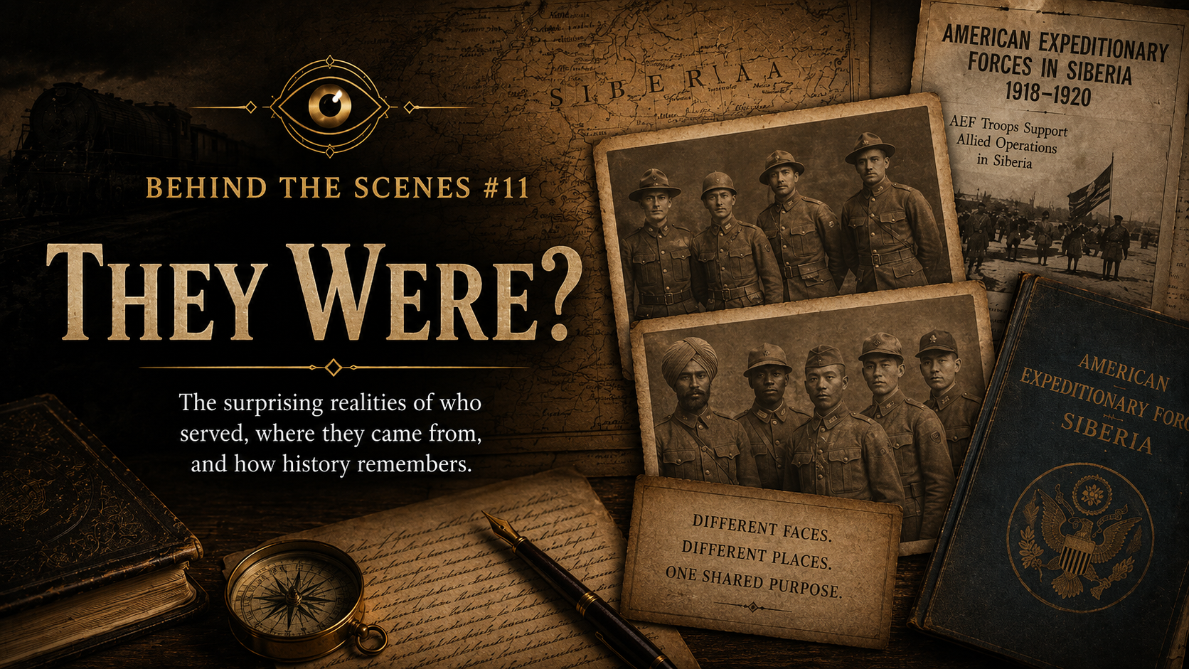 A historical montage featuring old photographs of soldiers from Siberia, a book titled 'American Expeditionary Forces in Siberia,' a handwritten letter, a compass, and a map, with the text 'Behind the Scenes #11 They Were? The surprising realities of who served, where they came from, and how history remembers.' The background includes a map and a train, emphasizing historical military themes.