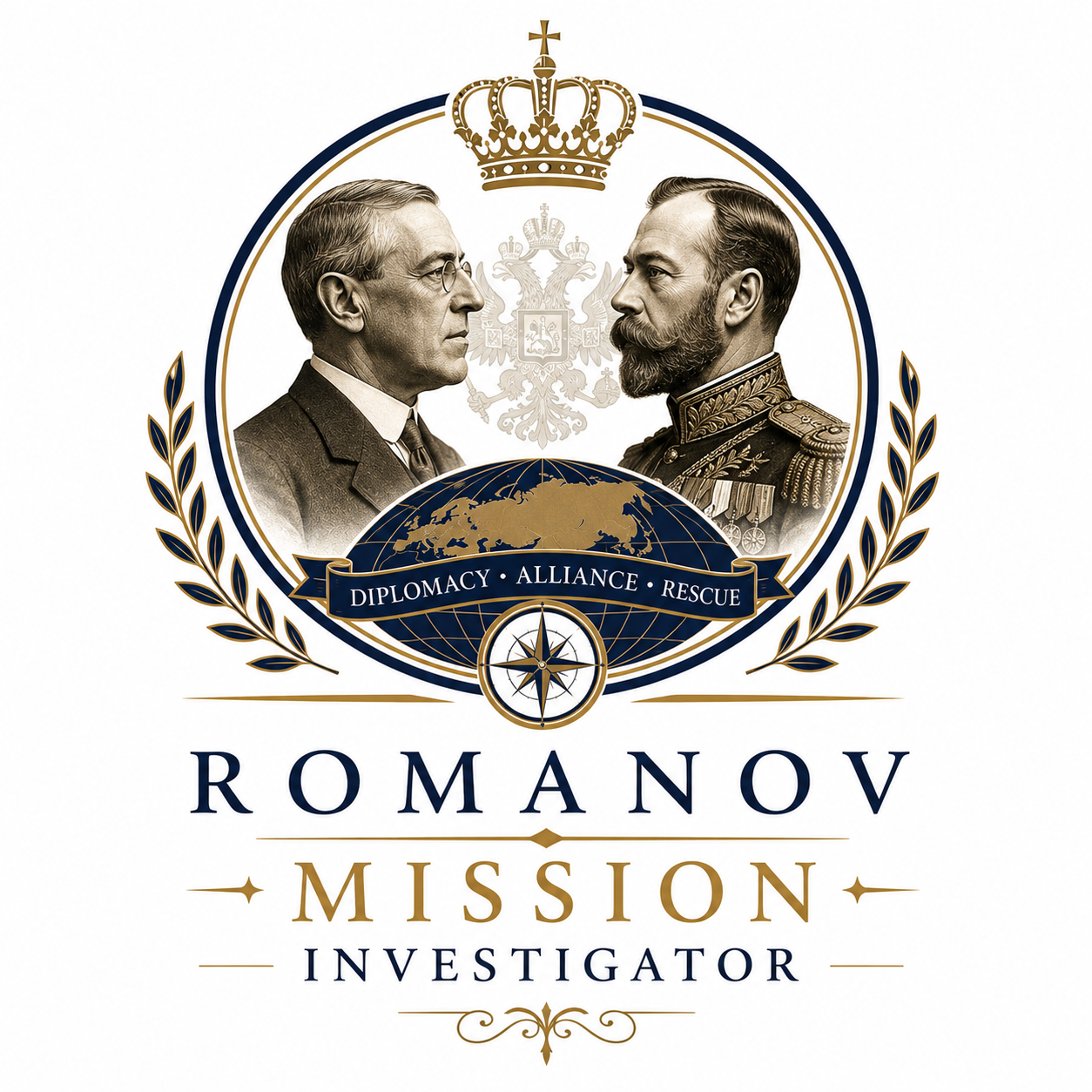 Illustration of two historical men facing each other, surrounded by a laurel wreath, a globe with a banner reading 'Diplomacy, Alliance, Rescue', and a crown above them, with the text 'Romanov Mission Investigator' below.