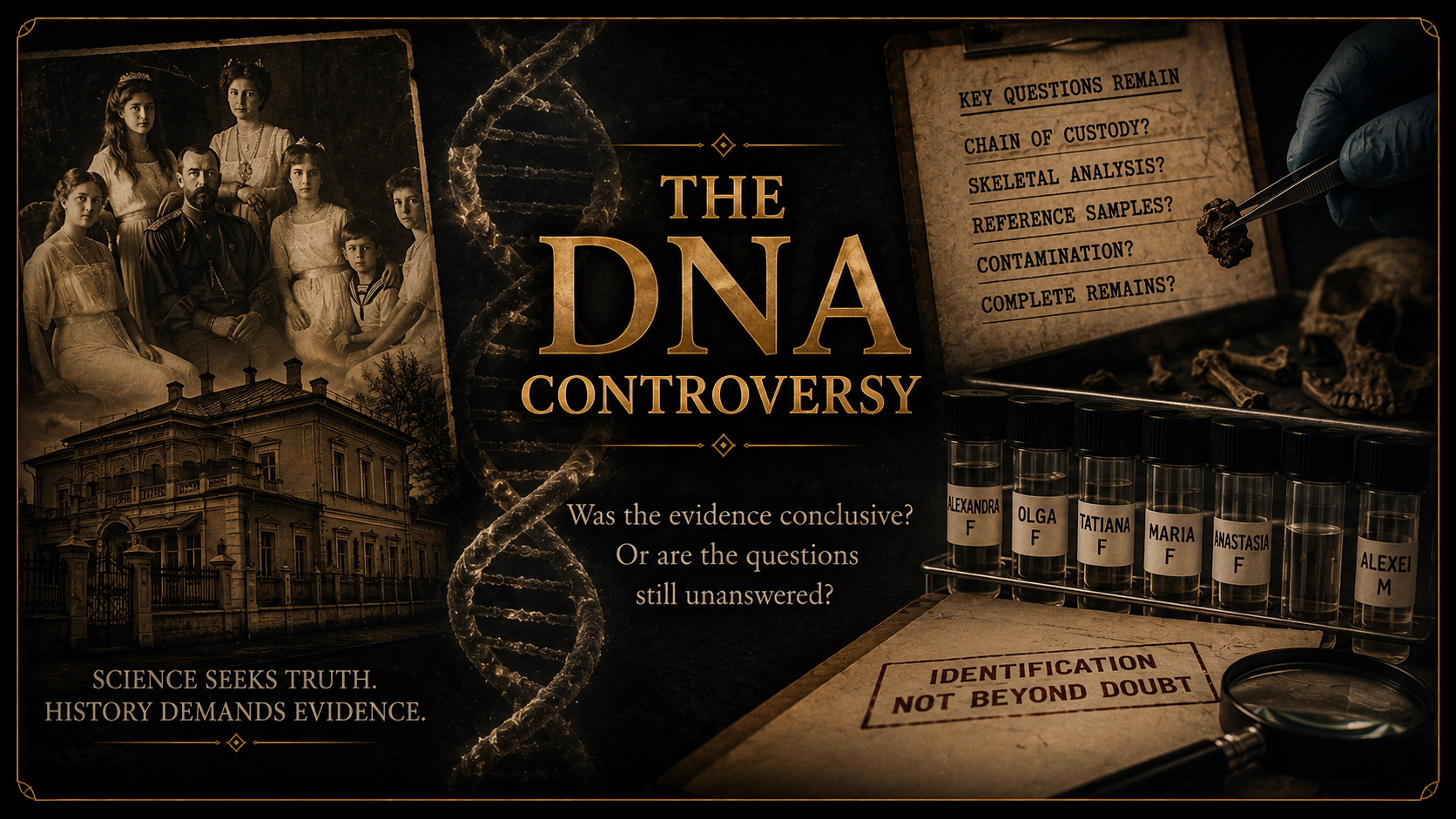 A promotional poster for a documentary titled "The DNA Controversy" featuring a sepia-toned photo of a family and an old mansion, a DNA double helix, scientific samples with labeled vials, and a clipboard with questions related to DNA evidence. The poster emphasizes the search for truth through science and history in DNA investigations.