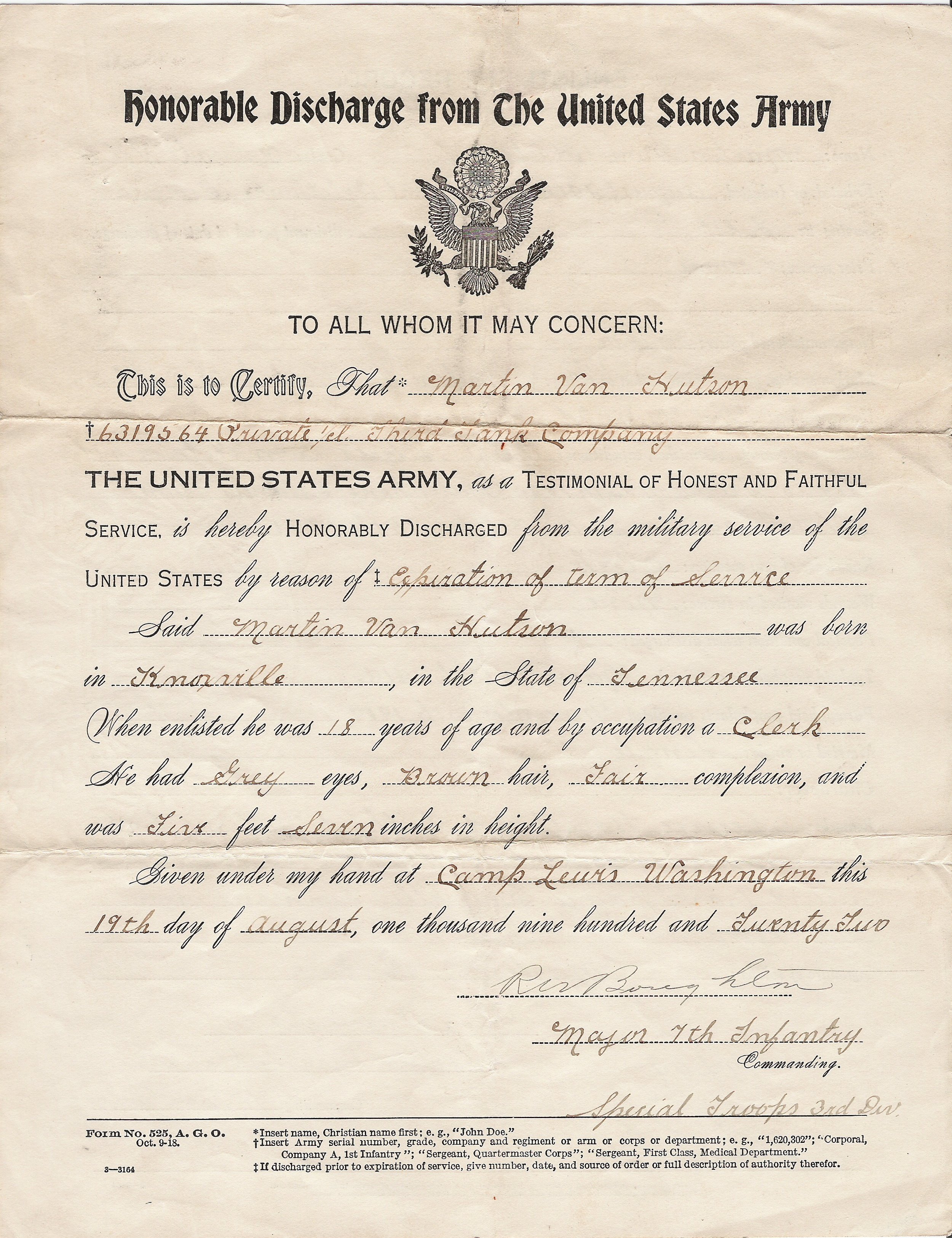 A vintage military discharge form from the United States Army, with a detailed eagle emblem at the top and handwritten details filling the page.