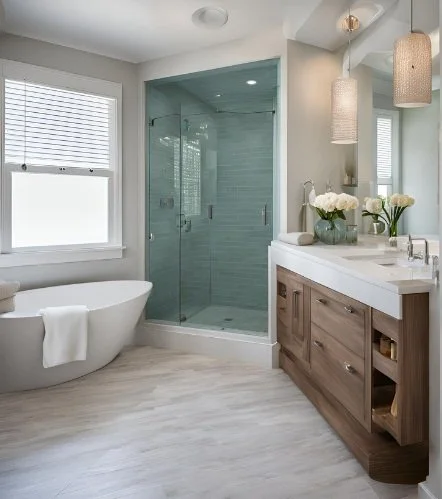 Modern bathroom featuring a white bathtub, a glass-enclosed shower, a wooden vanity with a white countertop, two hanging pendant lights, and a window with white blinds.