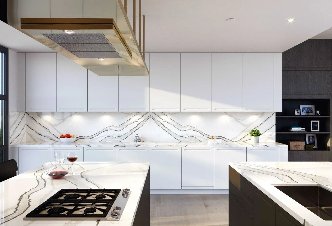 Modern kitchen with white cabinets, marble countertops and backsplash, black cabinet on the right, built-in cooktop, and open shelving with framed photos and decor.