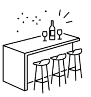 A black and white line drawing of a fork, knife, and spoon placed on a napkin with the words 'Bon Appétit' above them.
