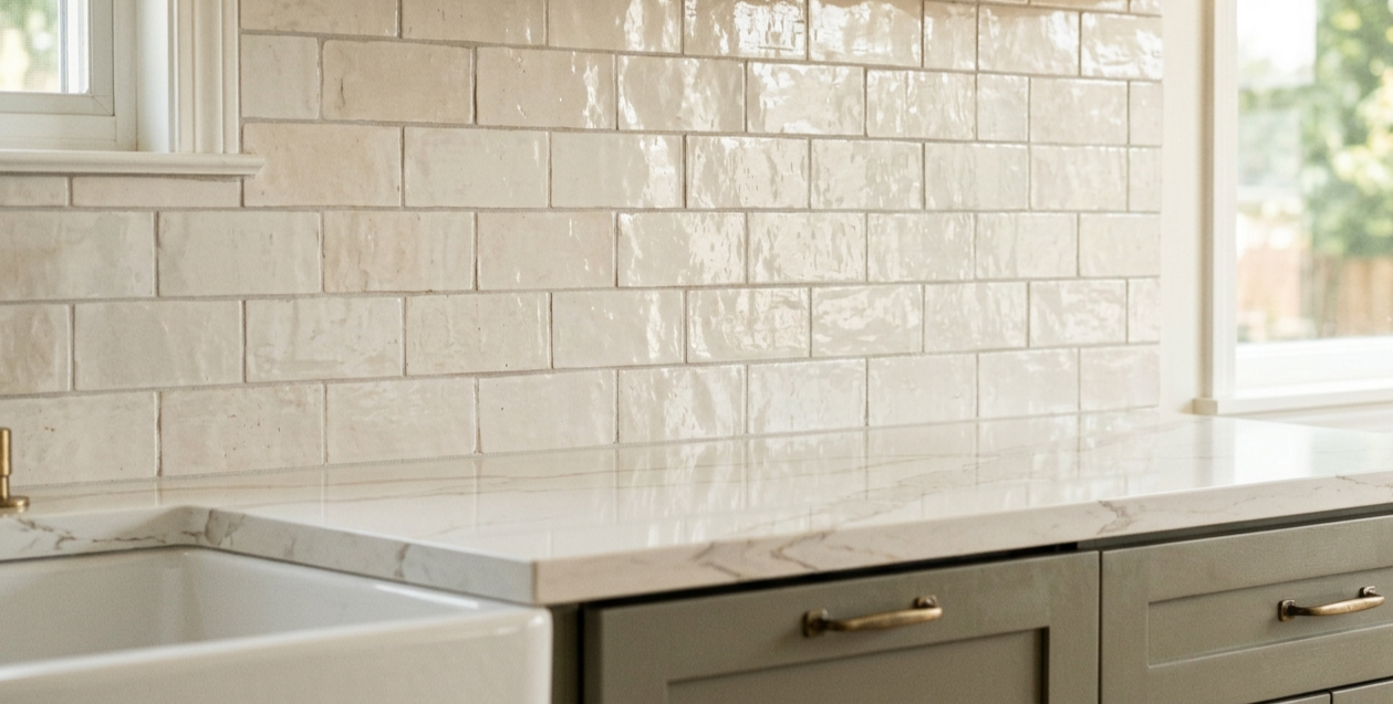 Kitchen countertop with a white marble surface, beige subway tile backsplash, and gray cabinets with brass handles, near a window.