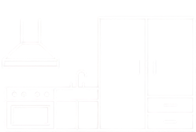 Simple line drawing of a kitchen with a stove, sink, clock, and refrigerator.