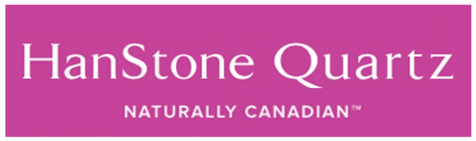 Pink rectangular logo for HanStone Quartz with white text saying 'HanStone Quartz' and 'Naturally Canadian' at the bottom.