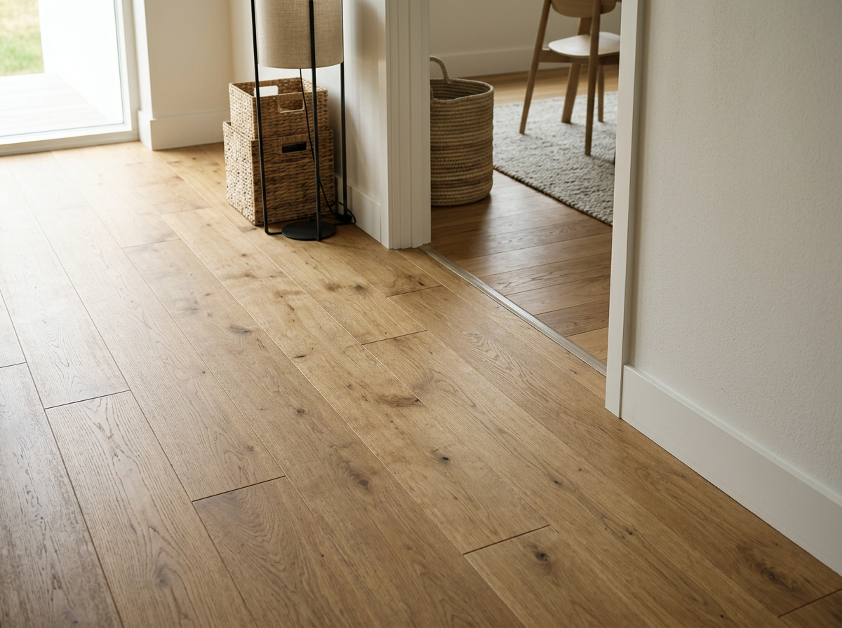 Close-up of hardwood floor transitioning into a room with a rug and chairs.