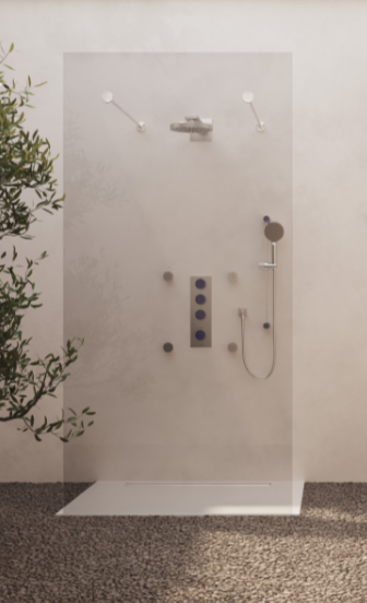 A modern outdoor shower with various shower fixtures and controls.