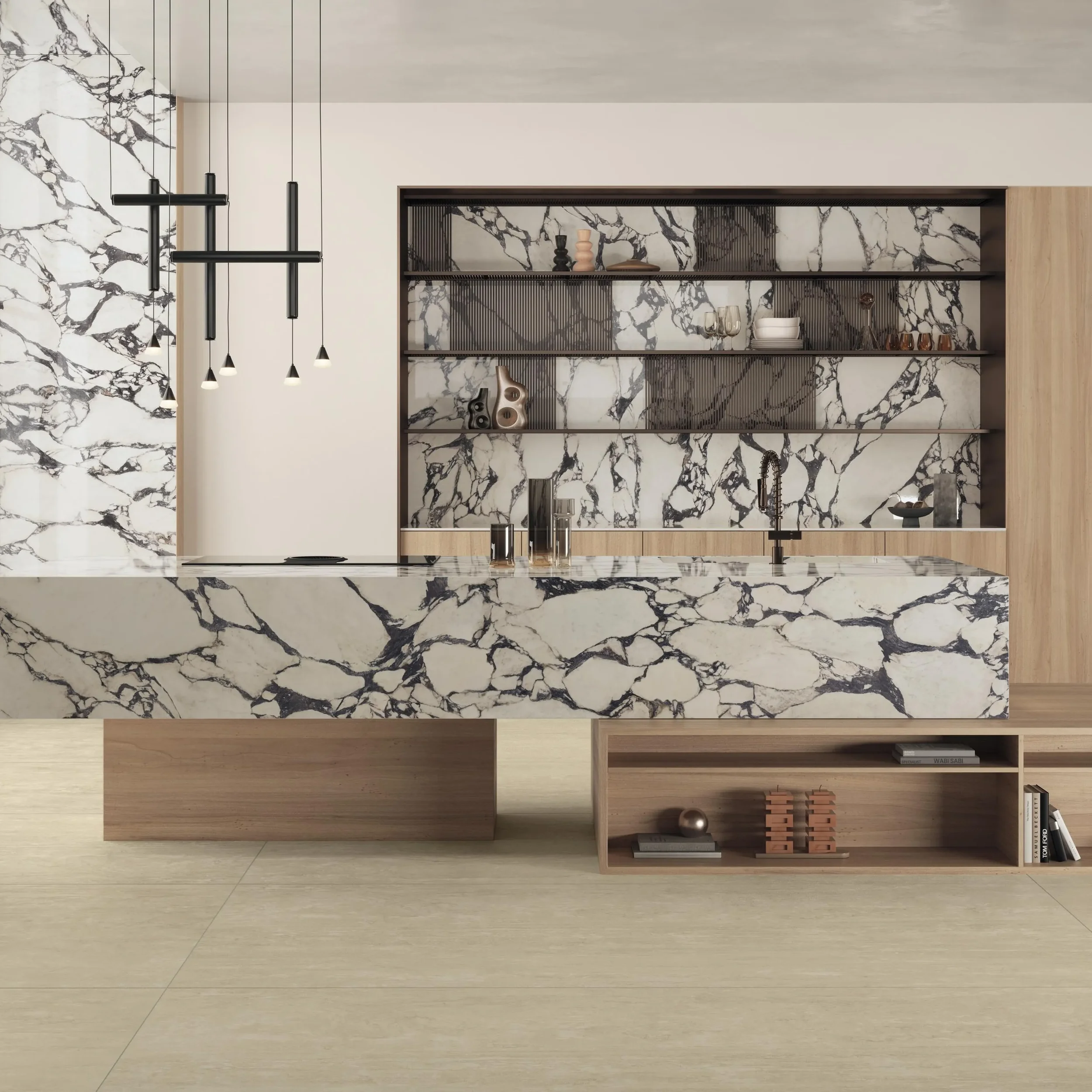 Modern kitchen with black and white marble countertops and backsplash, open wooden shelving with decorative items, pendant lighting, and a light wood floor.