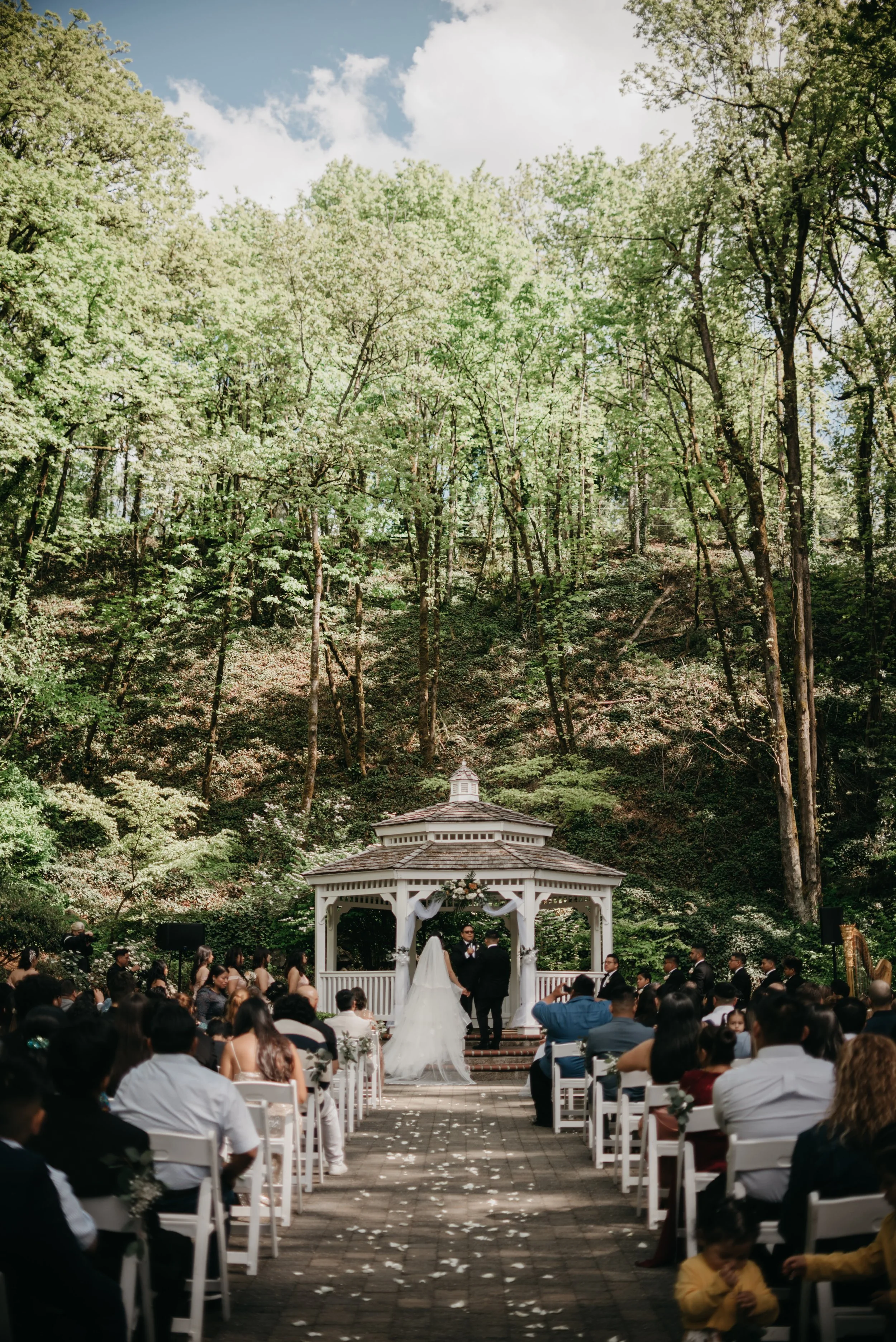 A wedding ceremony taking place outdoors under a pavilion, with a bride, groom, and officiant standing in front of an audience amid green trees, a blue sky, and white clouds.