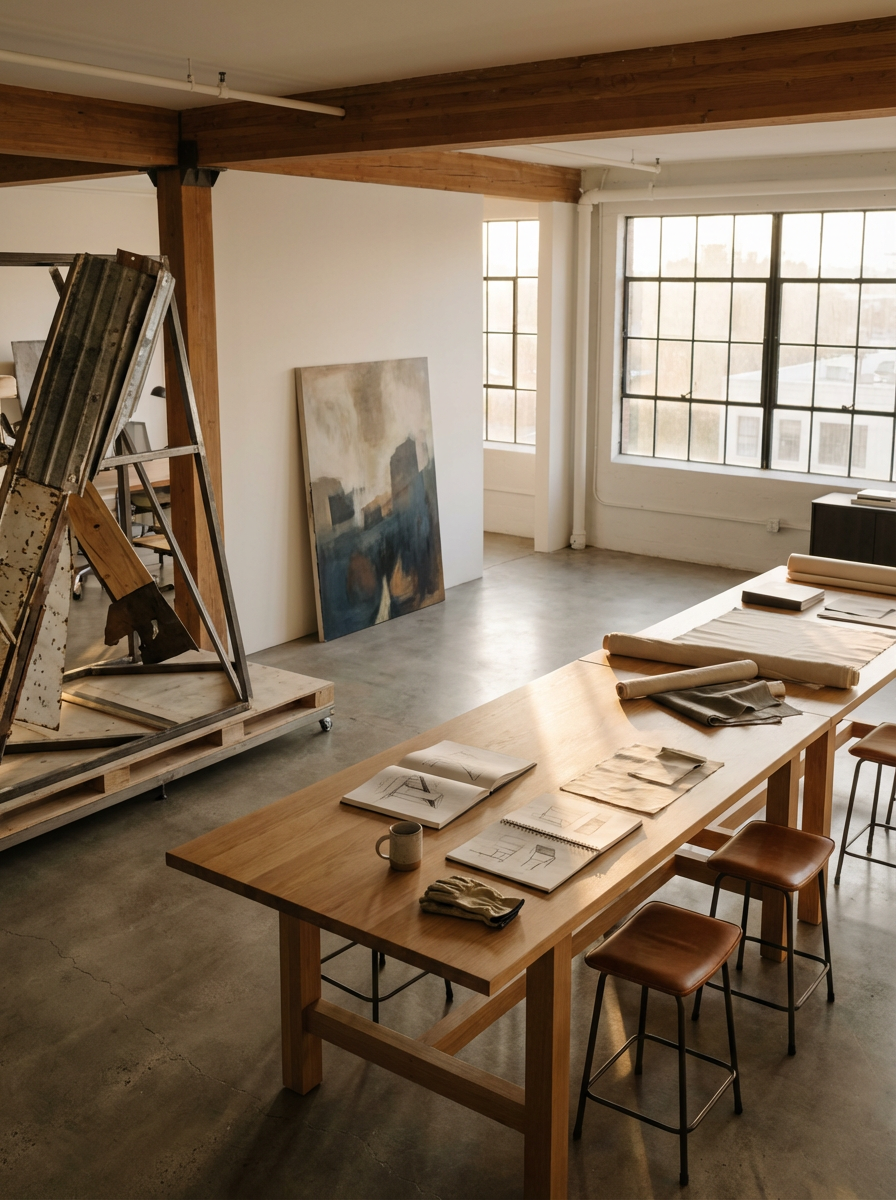 An art studio with large windows, a wooden work table with sketches, paints, and gloves, a leaning abstract painting, and a portable scaffolding.