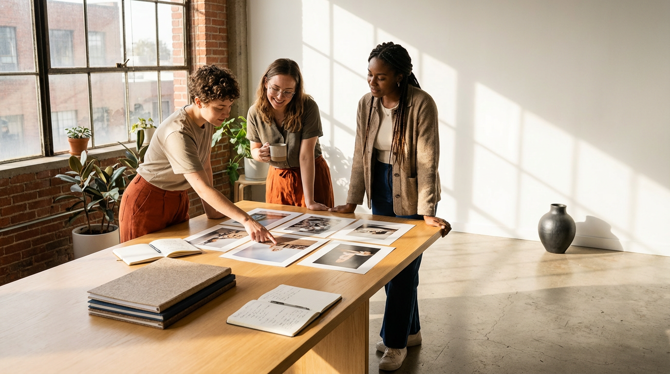 Three women in a sunlit room looking at printed photographs on a wooden table, discussing and pointing at the pictures.