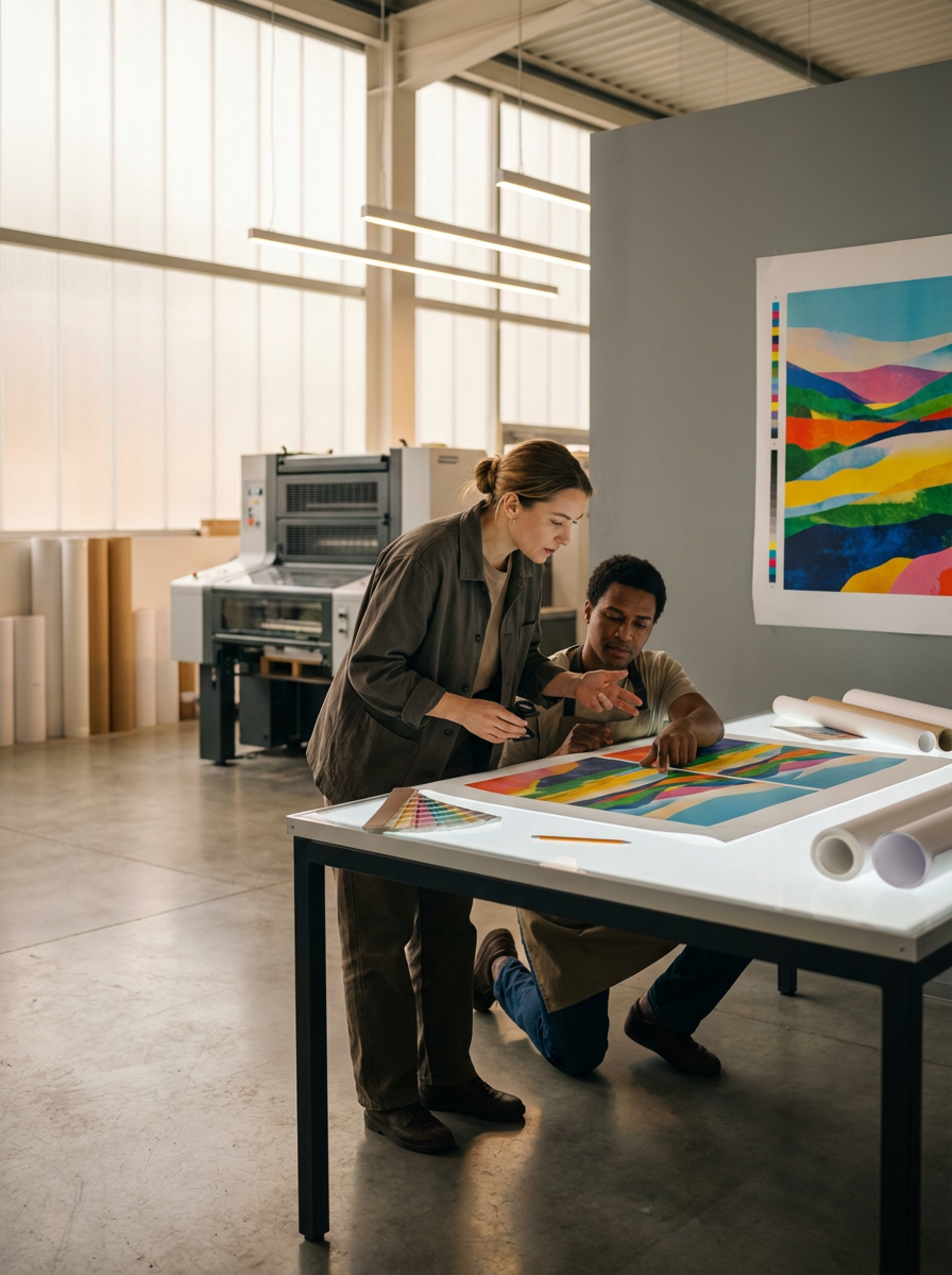 Two people working on colorful art prints in a modern print studio, one kneeling and the other standing, with printing equipment and artwork on the wall.