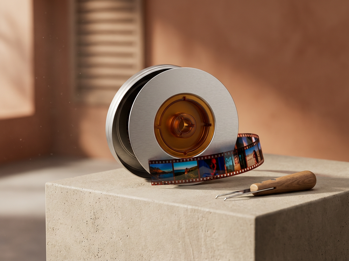 A roll of exposed film, a photo editing tool, and a film splicer on a beige surface, with a warm-toned background.