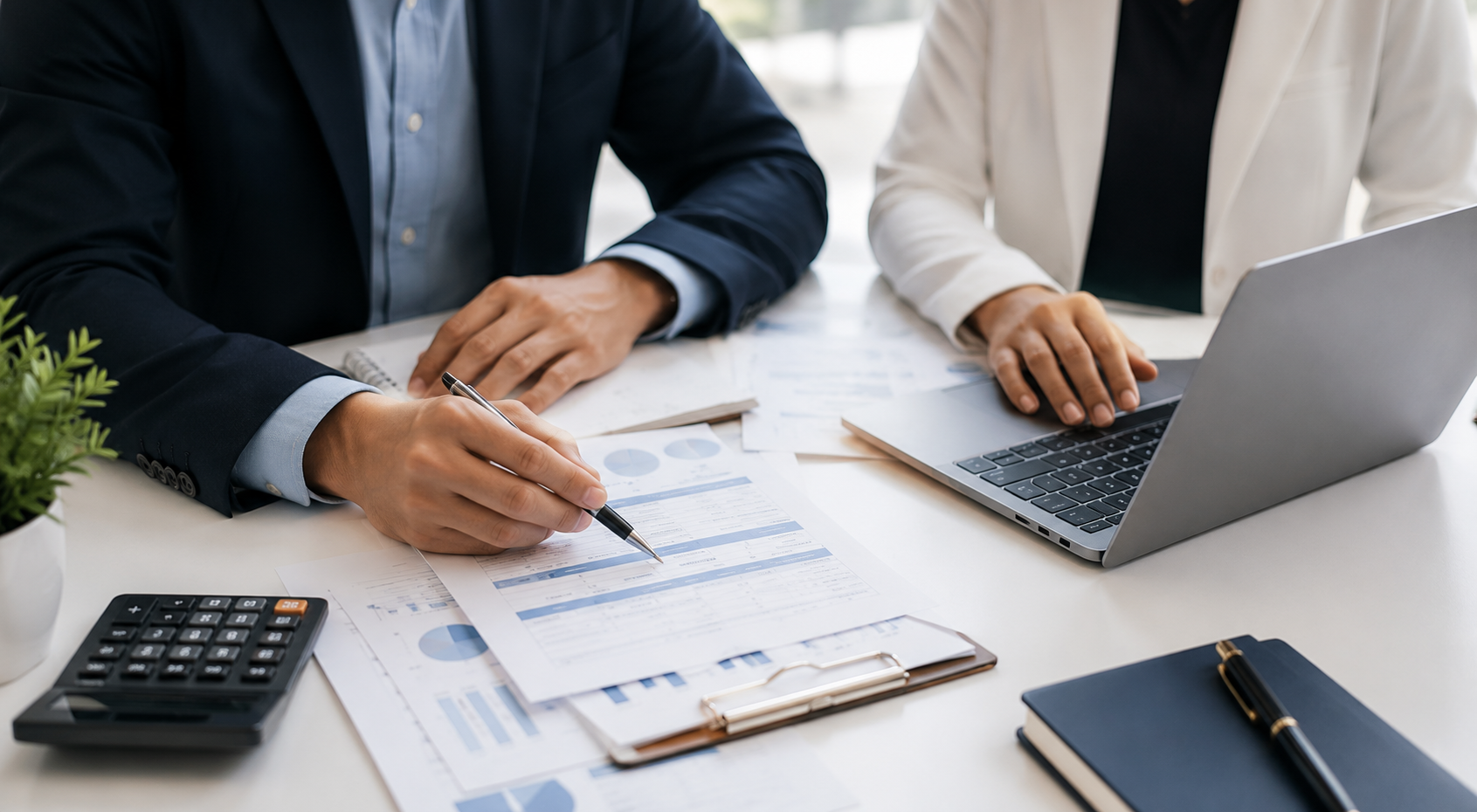 Profesionales de R Consultoría revisando documentos contables y financieros en una oficina.