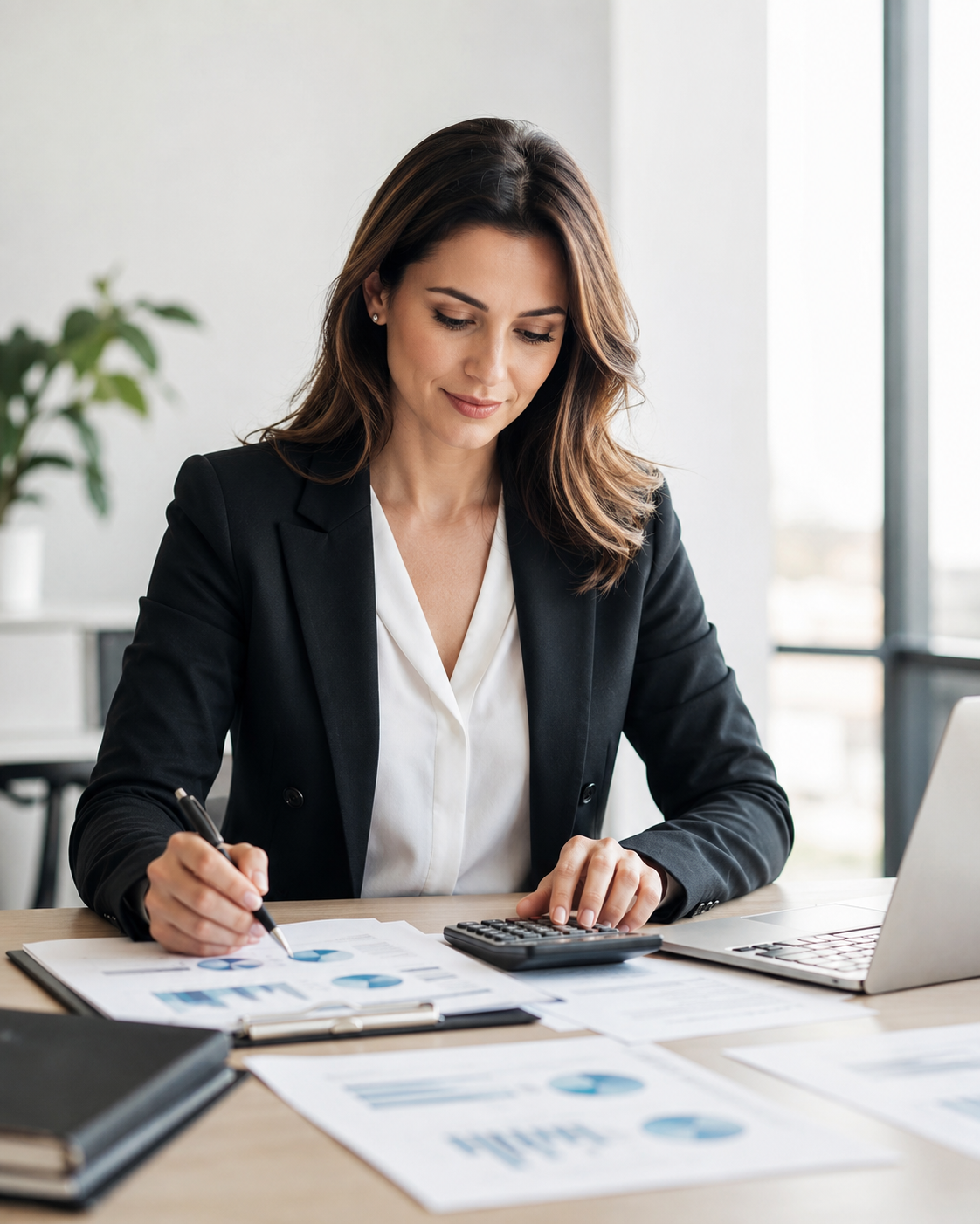 Profesional revisando información contable, financiera y tributaria en una oficina.