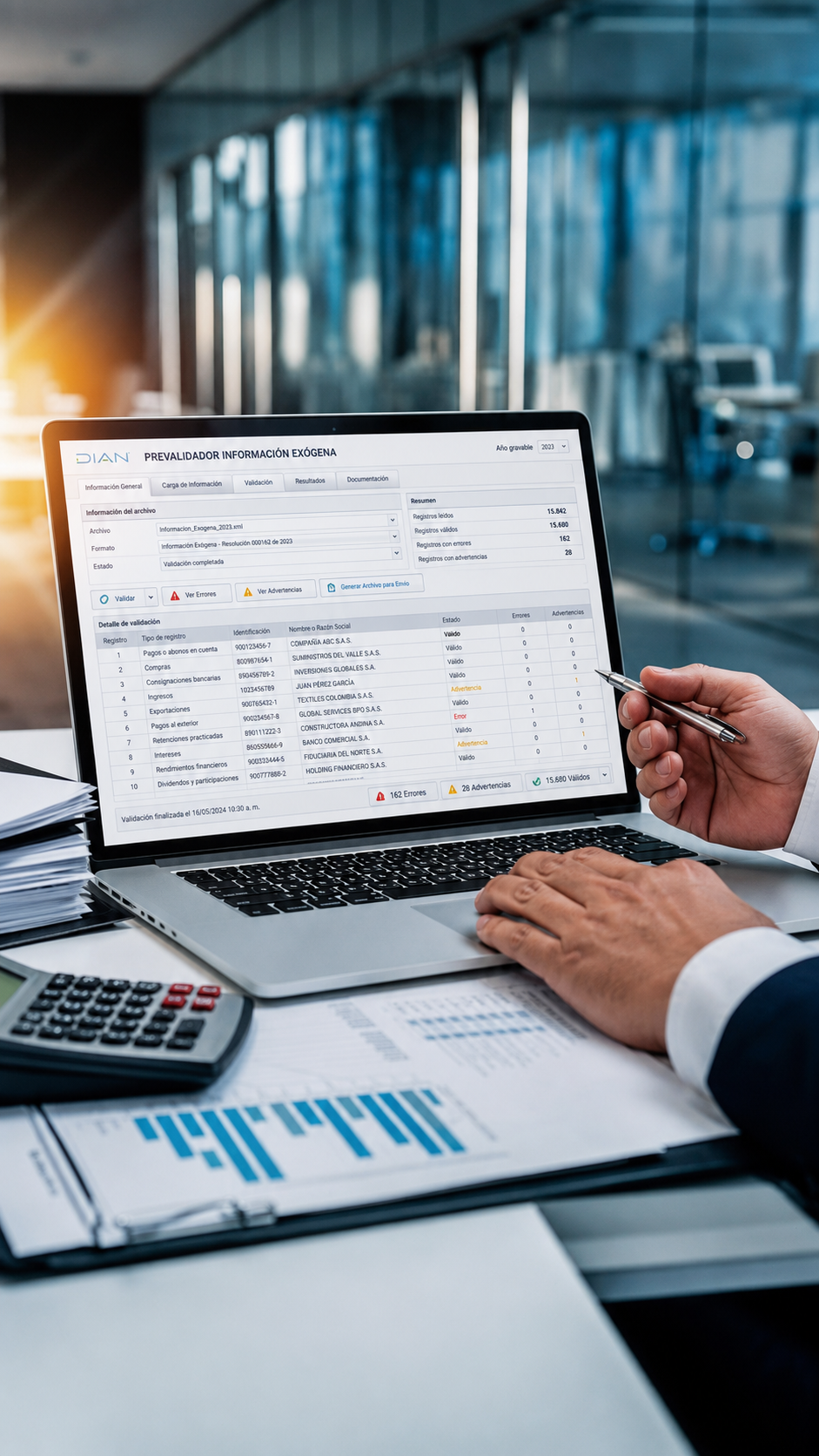 Profesional analizando un informe financiero en una oficina corporativa.