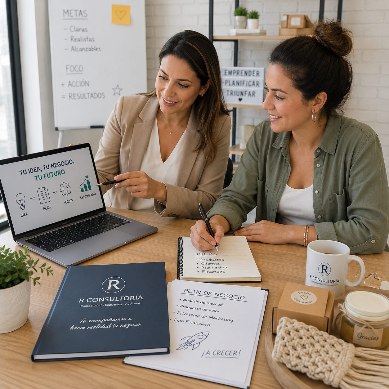 Asesoría para emprendedores con análisis de ideas, metas y documentos empresariales.