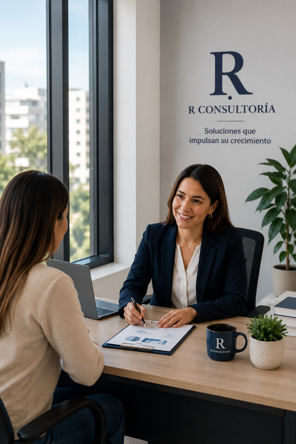 Asesora de R Consultoría atendiendo personalmente a una cliente en la oficina.