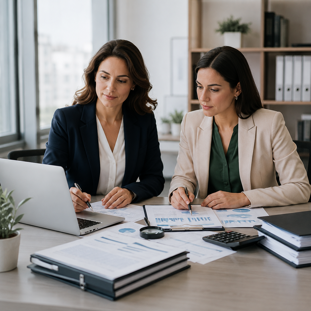 Profesionales trabajando en equipo sobre documentos contables, gráficos y cálculos financieros.