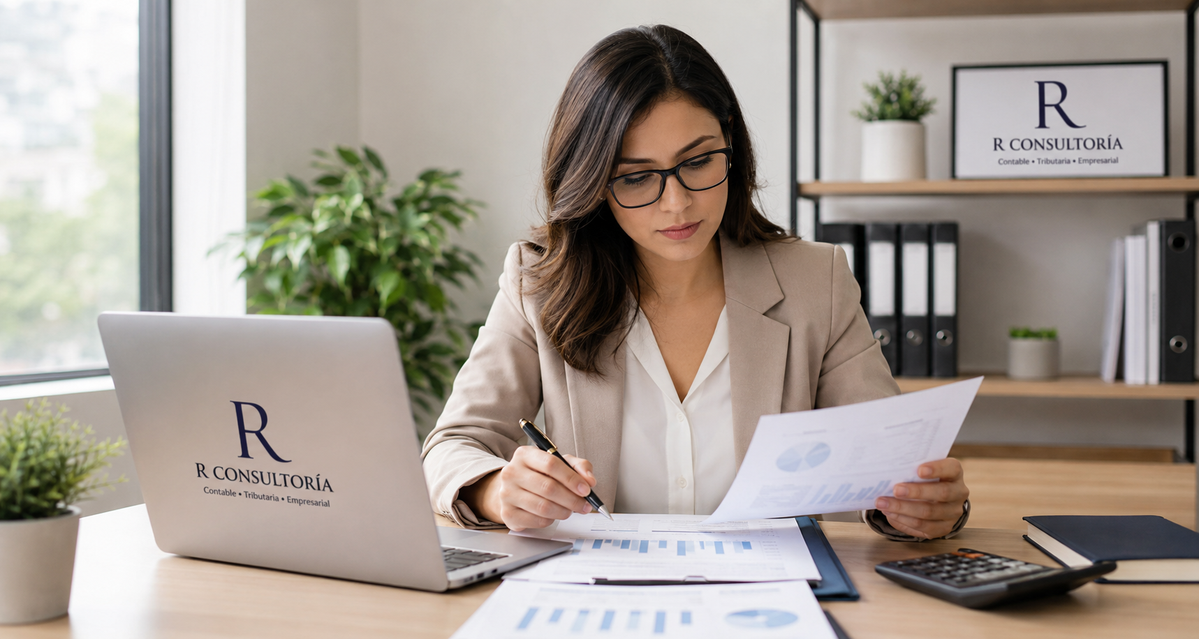 Asesora de R Consultoría revisando informes financieros y documentos contables.