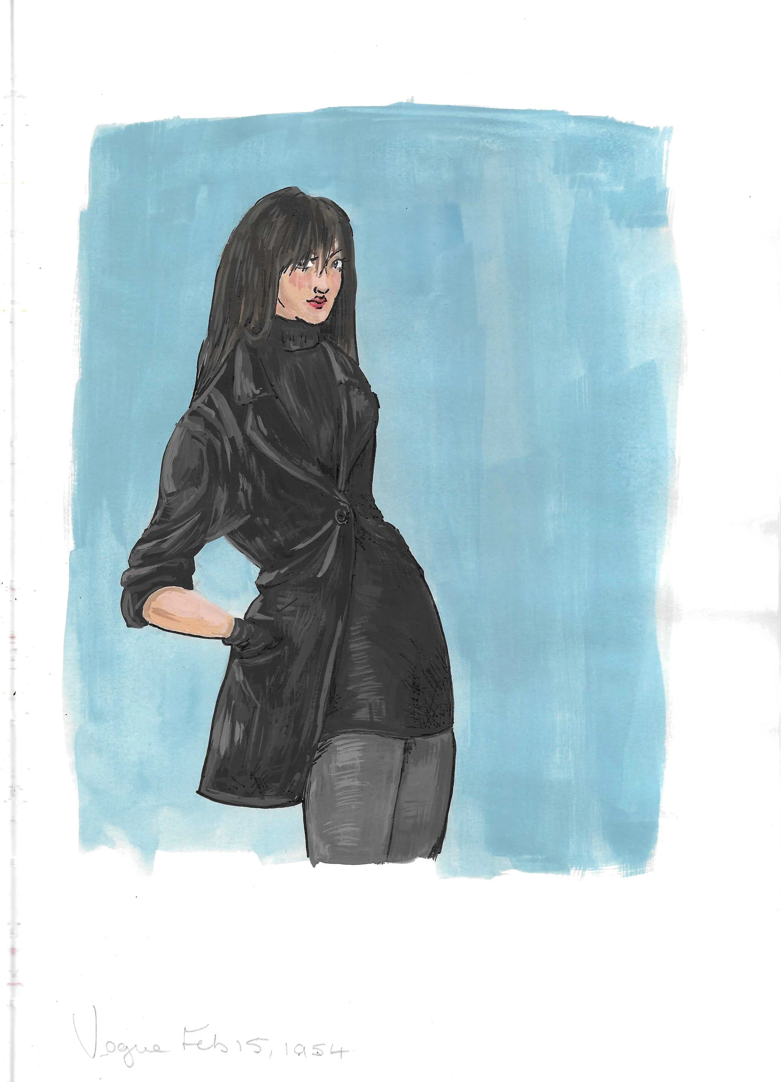 Hand-drawn portrait of a woman with long dark hair wearing a black coat and grey pants, set against a blue background. Handwritten name and date at the bottom.