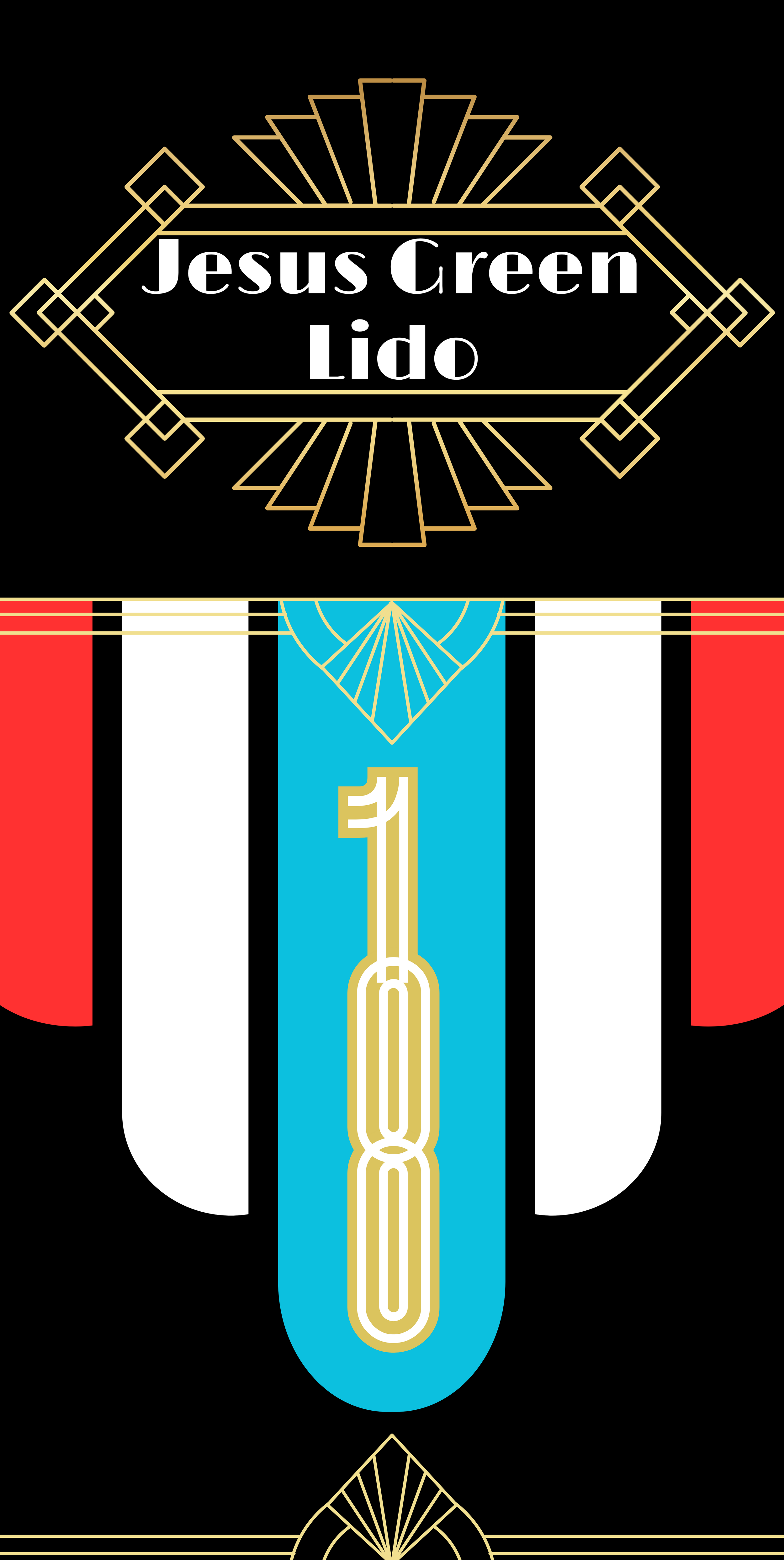 Design featuring a black background with the words 'Jesus Green Lido' in white text inside a geometric gold border at the top. Below, a decorative emblem with red, white, black, and blue vertical stripes and a gold chain-like pattern overlay, topped with a gold and blue fan-like design.