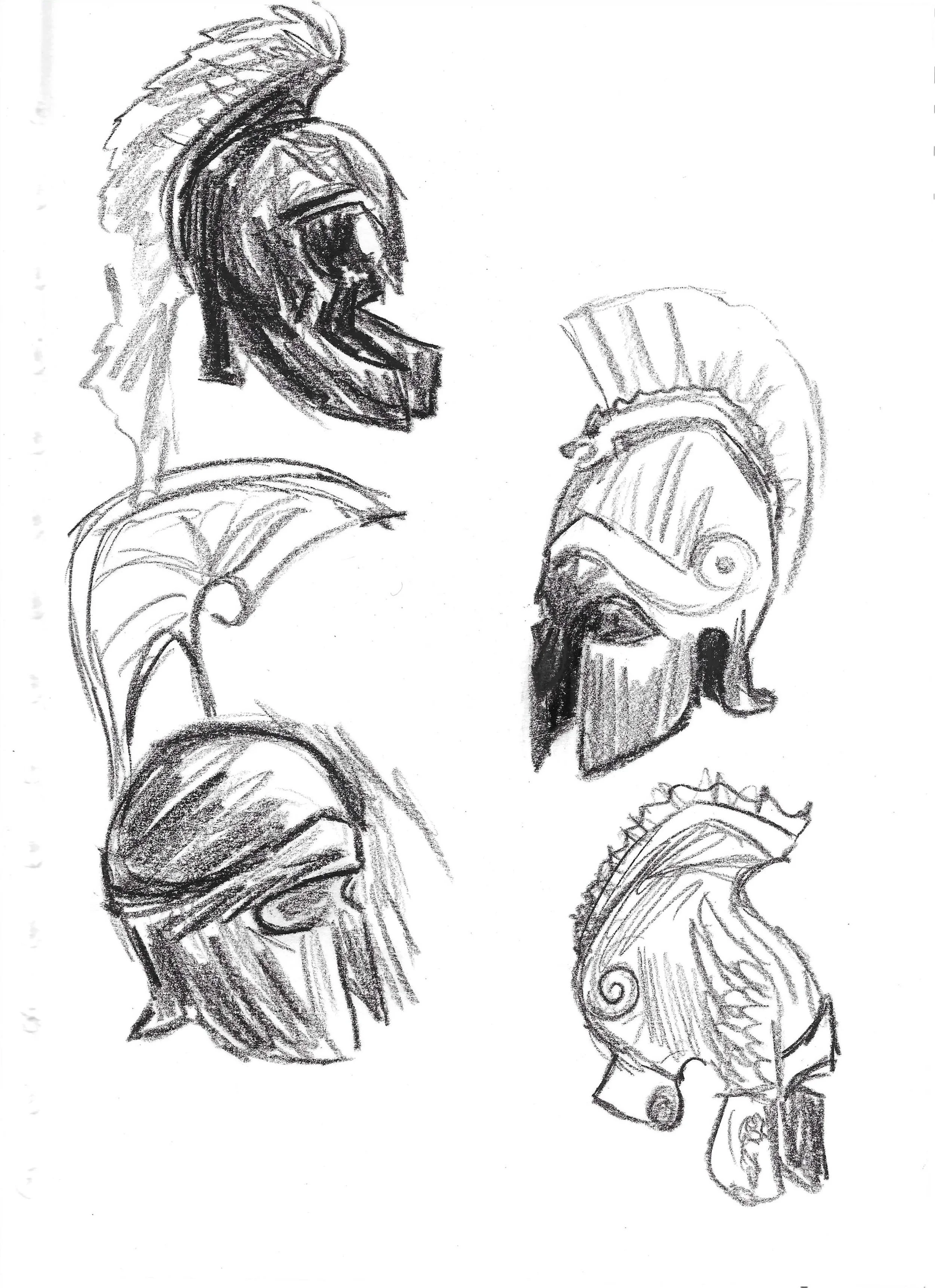 Sketch of five classical Greek helmets with detailed designs and crests.