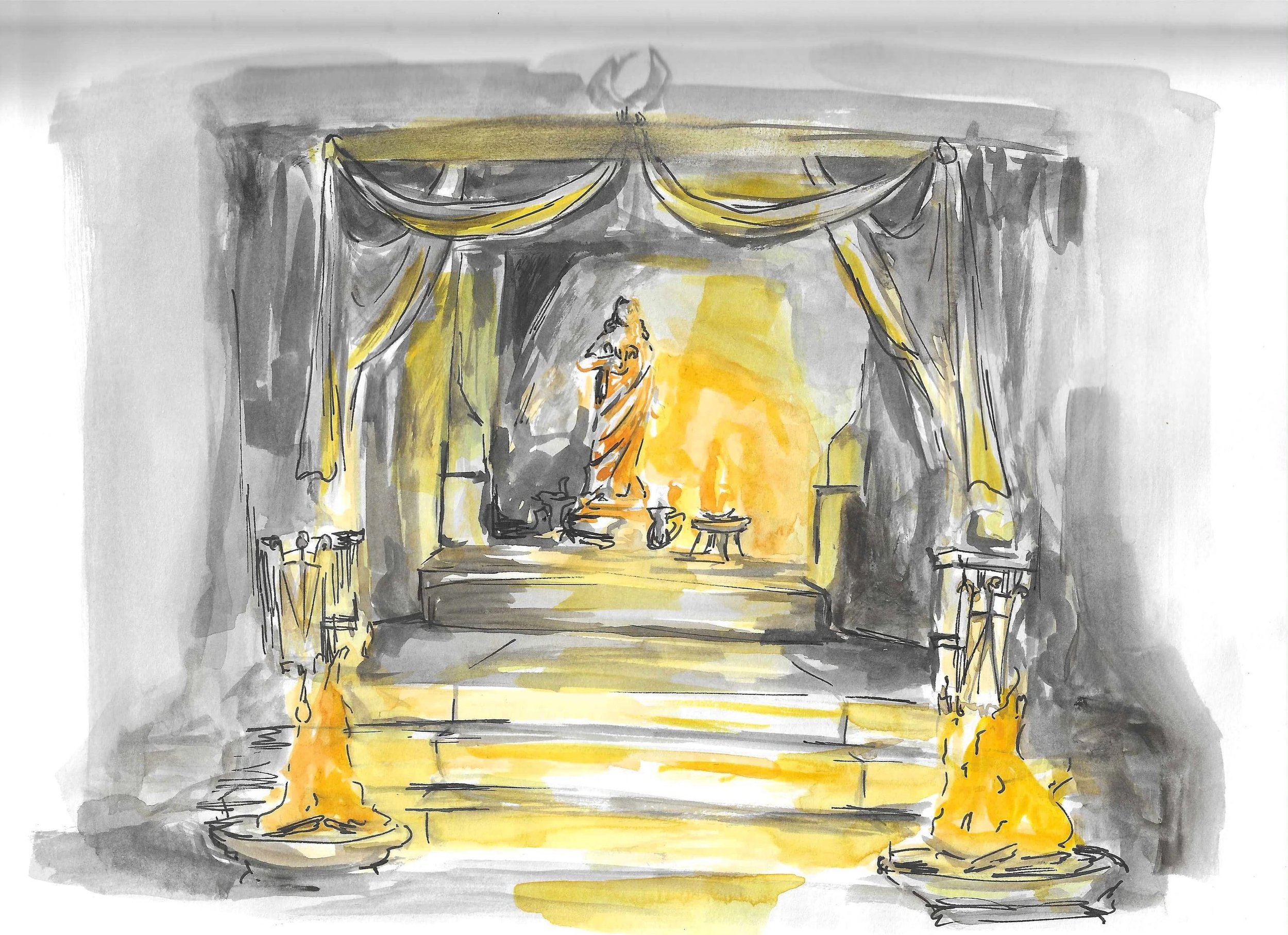 A watercolour illustration of the inner sanctum of The Temple of Apollo in Delphi, decorated with frilled drapes and a tiled border at the top and bottom