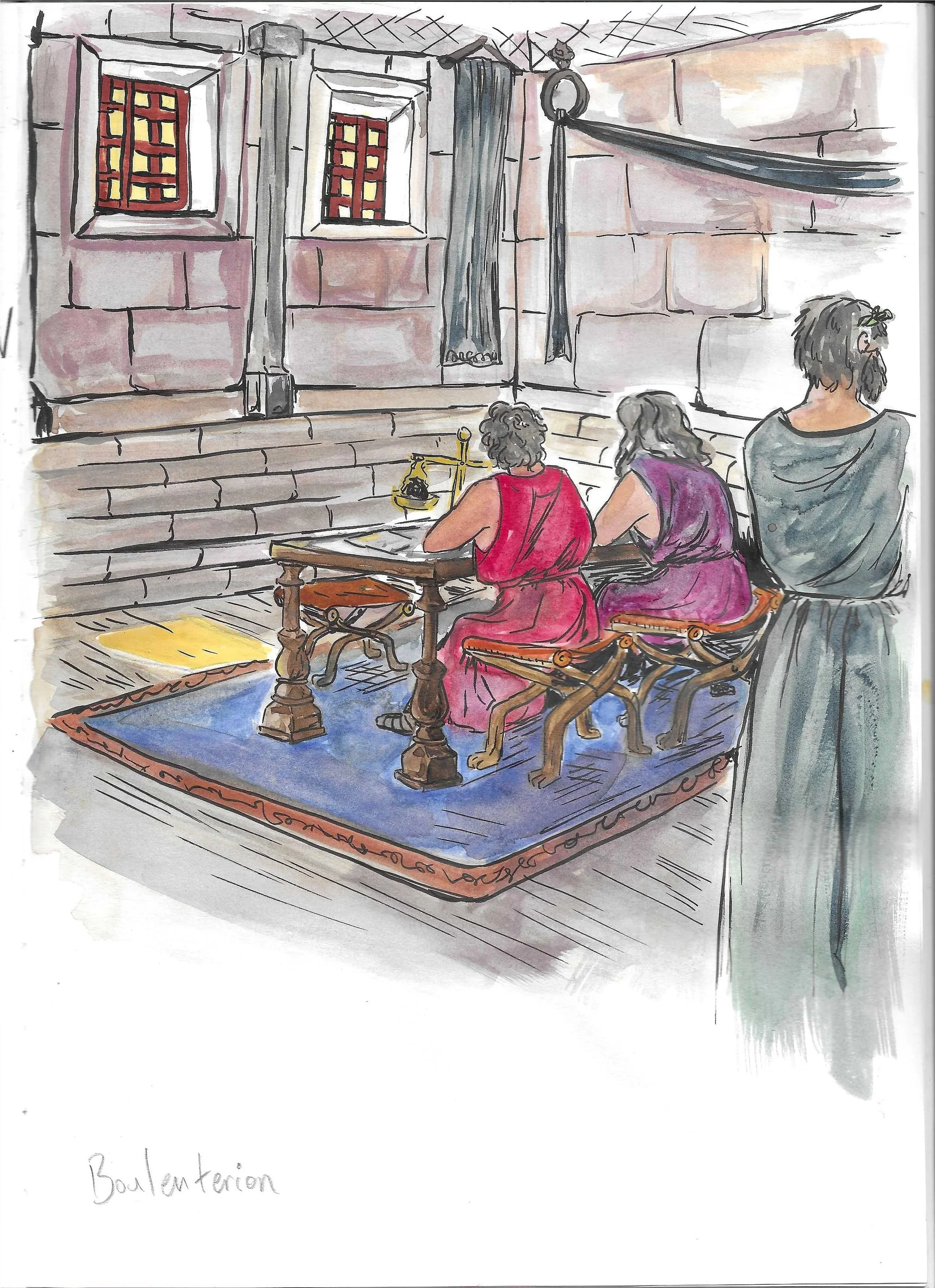 A watercolor sketch depicts a courtroom scene with three people seated at a table, facing a raised platform with two small windows, stone walls. The person on the left has short curly hair and is wearing a red dress, the person in the middle has long