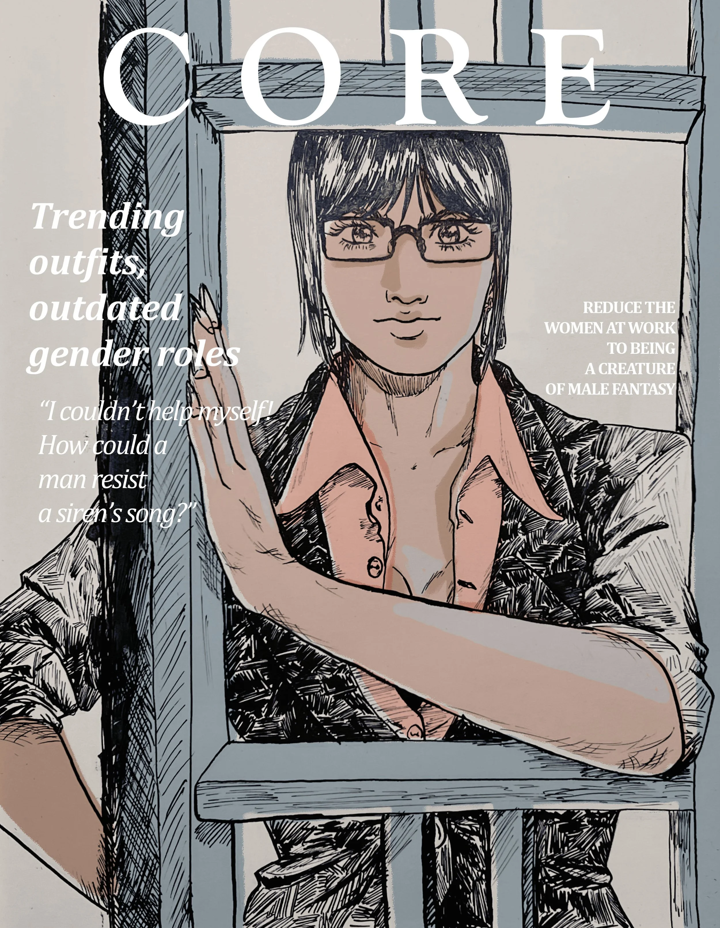 An illustration of a woman with short dark hair, glasses, and a black and white patterned blazer, looking out from inside a small wooden booth with the word 'CORE' written across the top in large white capital letters. There is text on the image that reads 'Trending outfits, outdated gender roles' and a quote 'I couldn't help myself,'.