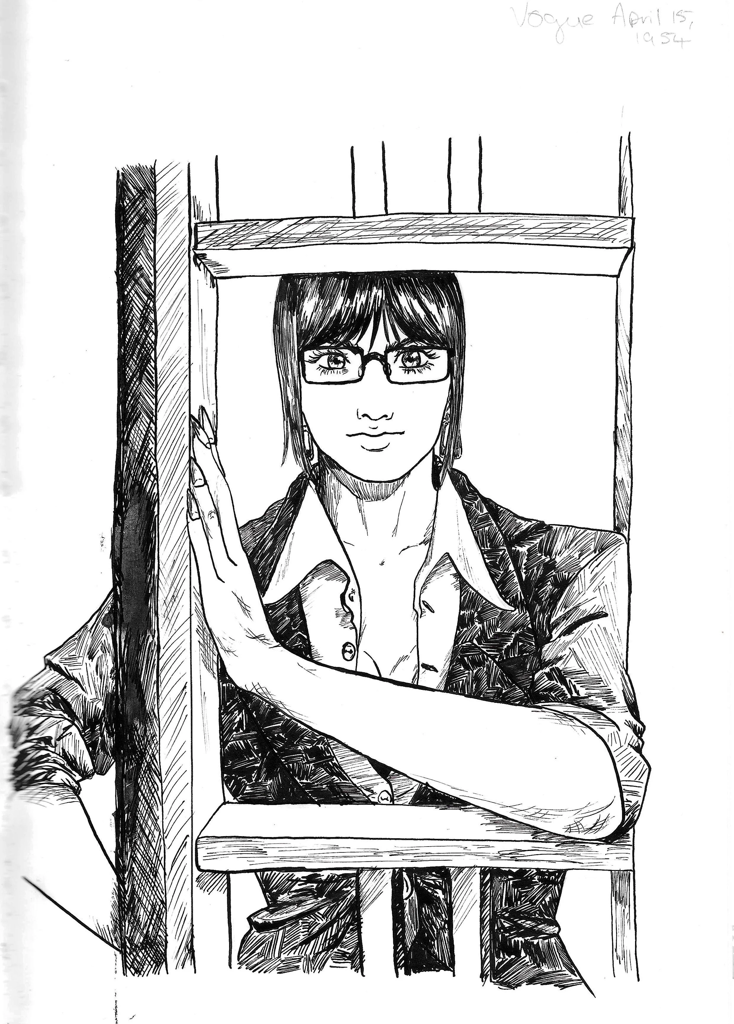 A black and white ink illustration of a woman with short dark hair, glasses, and a patterned blazer, looking out from inside a small wooden booth.