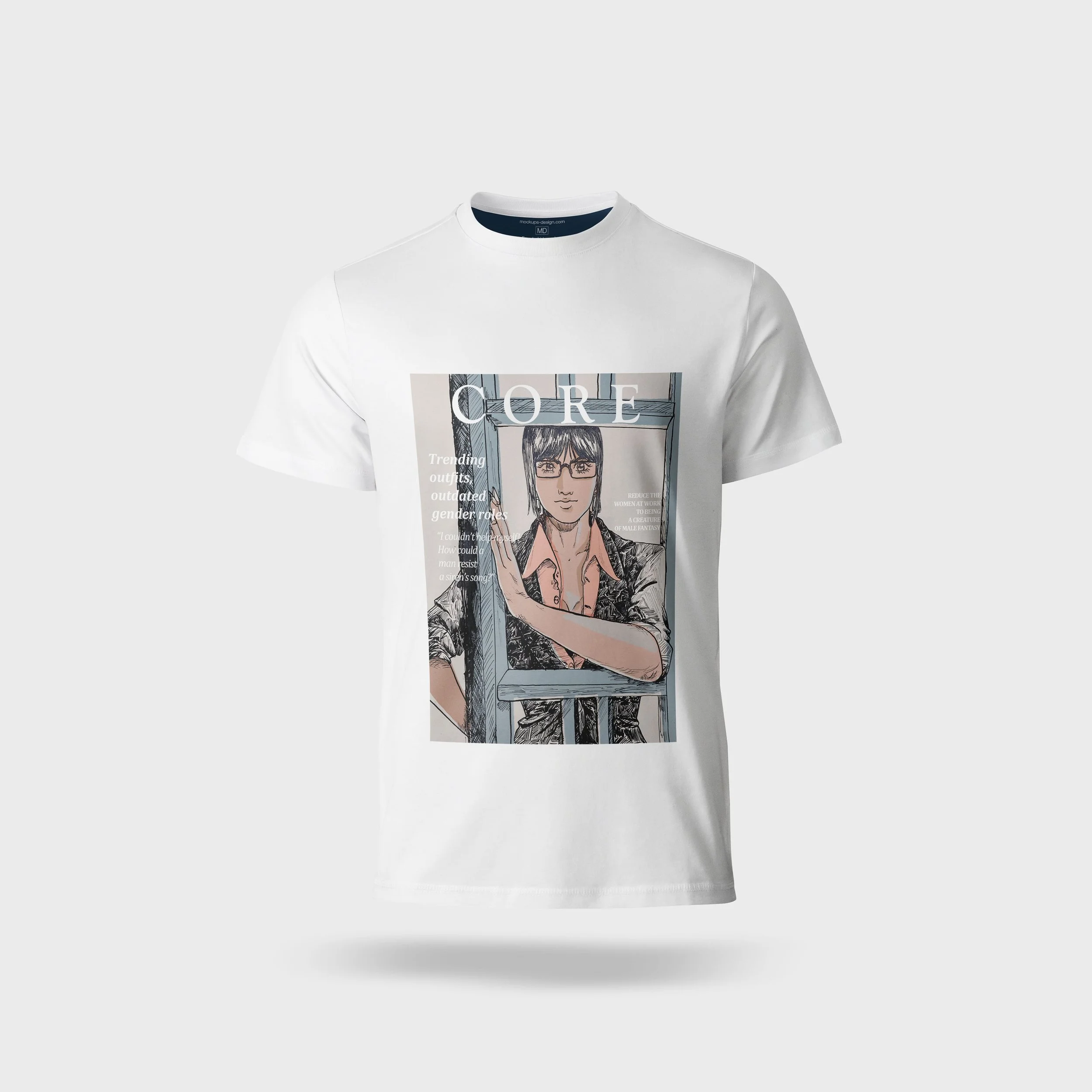White T-shirt with a colorful illustrated woman wearing glasses and the word 'CORE' on the front.