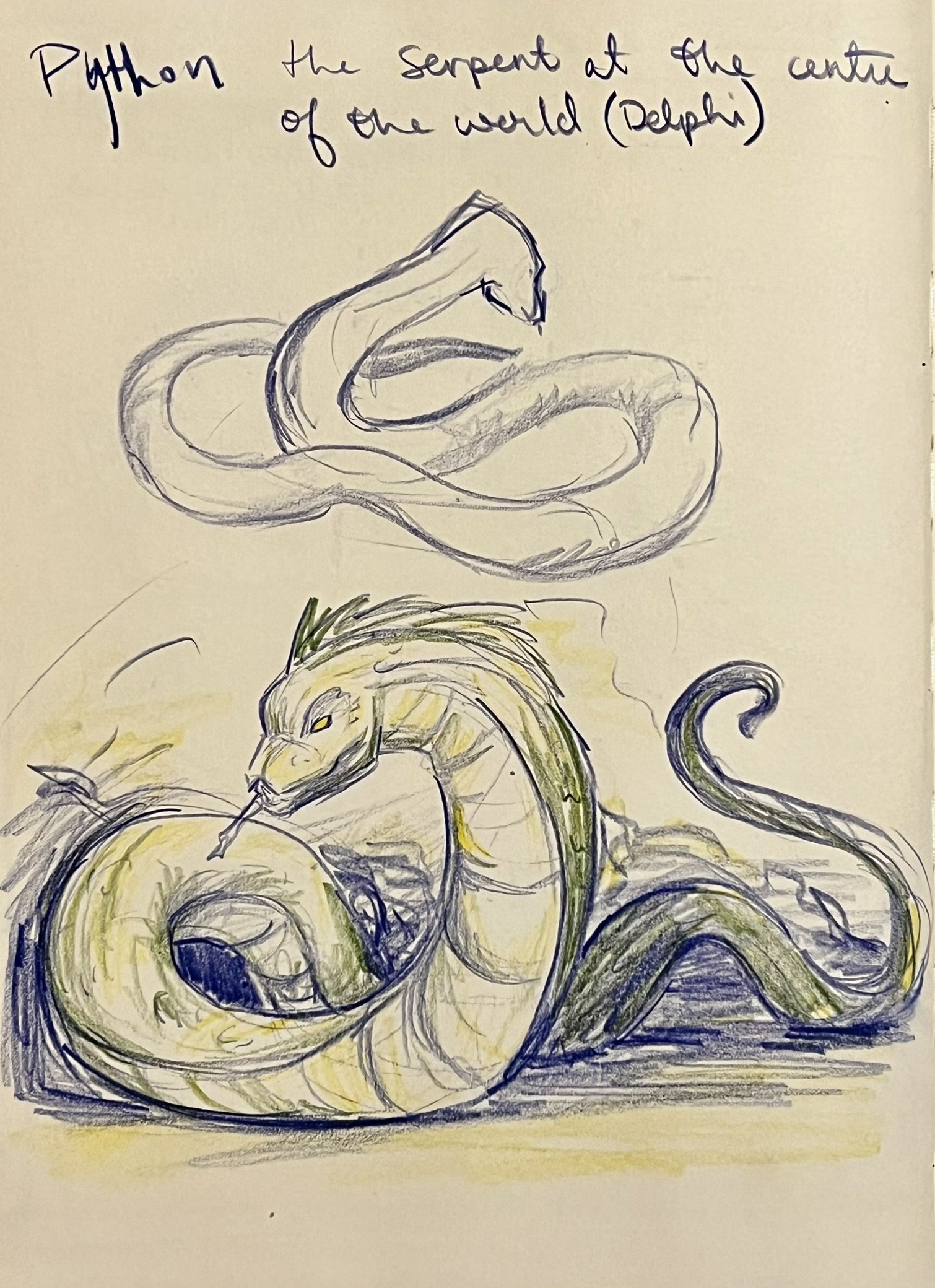 Sketch of a serpent at the center of the world, with handwritten notes at the top.