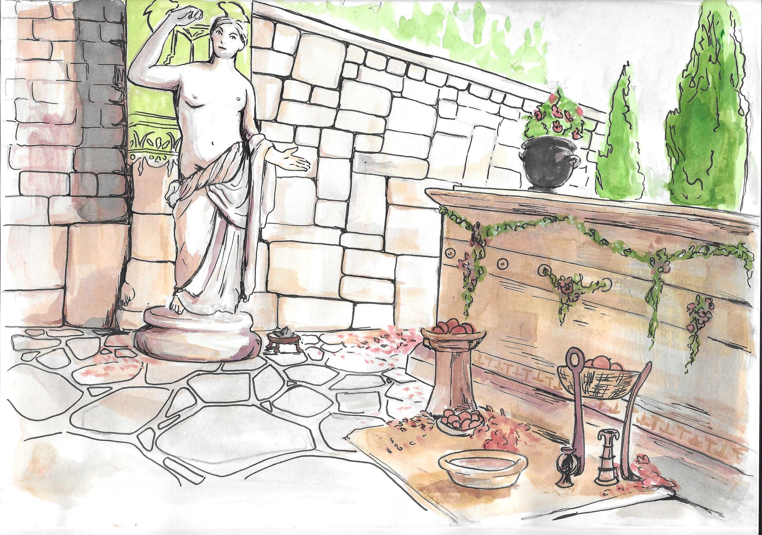 A watercolor illustration of a classical statue of a woman in front of a stone wall, with potted flowers, gardening tools, and greenery in an outdoor setting.