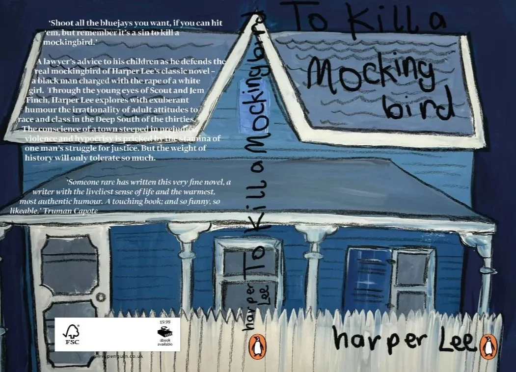 Illustration of a blue house with a porch, white picket fence, and a large sign promoting the book 'To Kill a Mockingbird'. Handwritten text on the house and sign reads 'To Kill a Mockingbird' and 'harper lee'. The background is dark blue, and there are quotes from the book overlaid on the house.